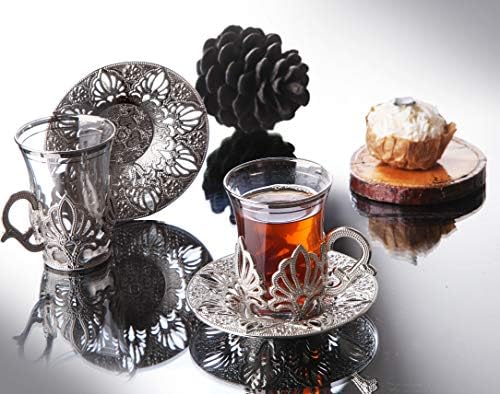 ЛАМОДАХОМОМ ТУРКИСКИОТ ЧУЈ/ТУРЦИСКИ чаши за чај од 6 со сребрени држачи и чинии - фенси гроздобер рачно изработен стаклен чај, чаша чај, подарок,
