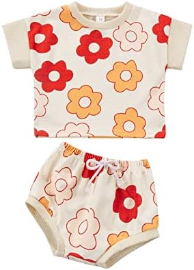 Коорално бебе девојче цветна облека со кратки ракави маица врвови за кратки панталони облека за кратки панталони