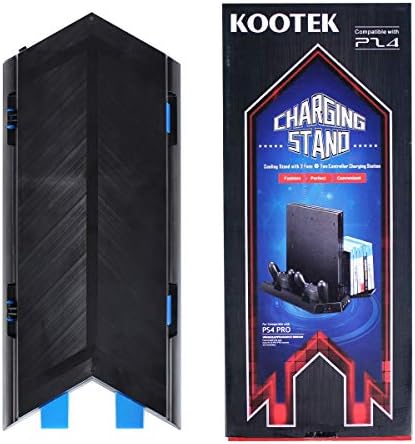Вертикален штанд на KooTek за PS4 Pro со станица за полнач за складирање на вентилатори и ладење на вентилатори за двојни контролори