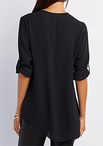Angенскинвел женски обични блузи со патент zipper v-вратот Туника доилки маици врвови на блуза влече ракав лабава шифон кошула