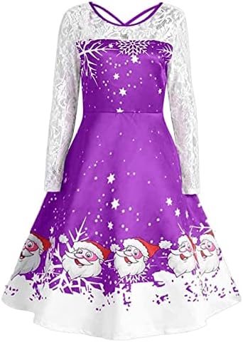 Графички фустан на Дедо Мраз за жени Гроздобер 1950 -тина цветна чипка со долги ракави фустан Rockabilly Swing Prom Party Fuest