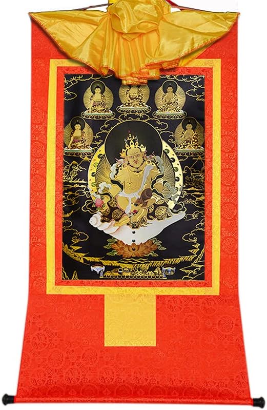 Gandhanra Yellow Jambhala, Dzambhala, Tibetan Thangka Sainting Art, Budid Brocade Thangka Brocade, Буда таписерија со свиток, црн тип