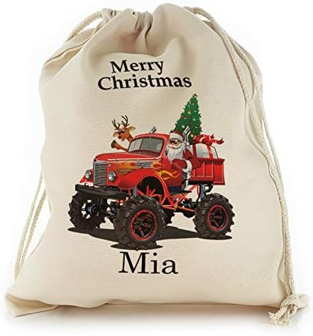 Персонализирана торба за влакнести бури со Санта Црвен чудовиште камион Среќен Божиќен дизајн, печатење, еднократно, вреќа за влечење на Божиќ,