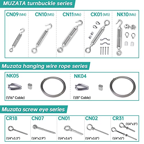 Комплет за оградување на кабел Muzata 4Set M6 Hook & Eye Turnbuckle Wire Rope Tension M3 Cable Clip Clip Clip M3 алуминиумска
