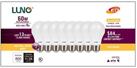 LUNO A19 НЕ-Затемнета LED Сијалица, 9.0 W, 800 Лумени, 4000K, Средна База, UL Сертифициран