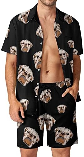 Weedkeycat симпатична англиска булдог машка облека за плажа 2 парчиња хавајски копче надолу со кошула Краток ракав и шорцеви