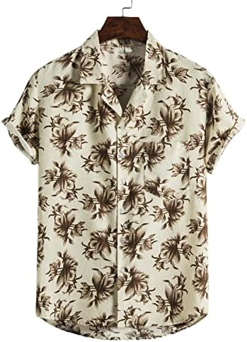 Хавајска кошула за мажи, кошули со кратки ракави за мажи, случајно копче надолу цвеќиња печатени летни врвови на плажа удобни блузи
