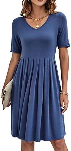 Мода женски цврста боја v џеб на вратот краток ракав плетен здолниште обичен фустан