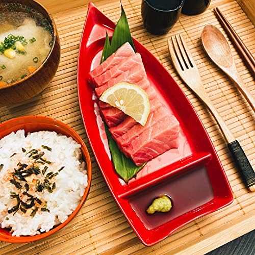 Јапонија Баргаин 2385, плоча за облик на брод со суши суши сашими плоча за сервирање пластична лента 10 x 4,5 инчи, црна црвена боја