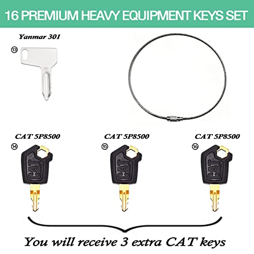 Јасаши 16 копчиња со тешка опрема сет одговара на мачка, случај, JD, Komatsu, Kubota, Yanmar, Daewoo, Hyster, Takeuchi и повеќе ， клуч за палење