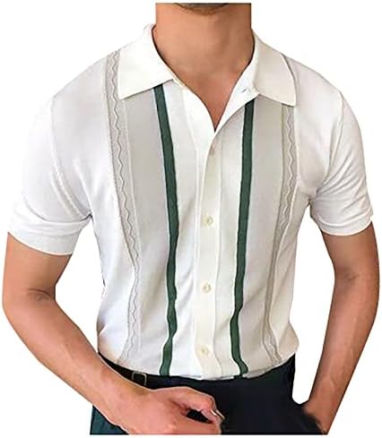 Менс летни голф кошули гроздобер шарена лесна кошула за плетење, обични копчиња по кратки ракави на блузи врвови