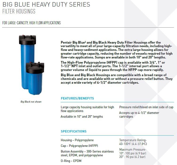 Pentair Pentek 150233 Big Blue Filter Hounding, 1 NPT 20 House House Ture Duty Filter Filter, куќиште за филтрирање на вода од 20-инчи, црна/сина