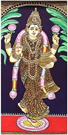 Егзотична Индија 17 x 21 Стоечка божица Лакшми Танјоре Сликање | Традиционални бои со 24к злато | Teakwood fr