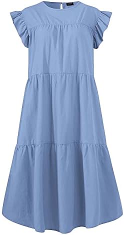 Winchyei летни фустани за жени 2023 обичен одмор трендовски сонце фустани руфле-кабел тркалезен врат кратки ракави летни фустани