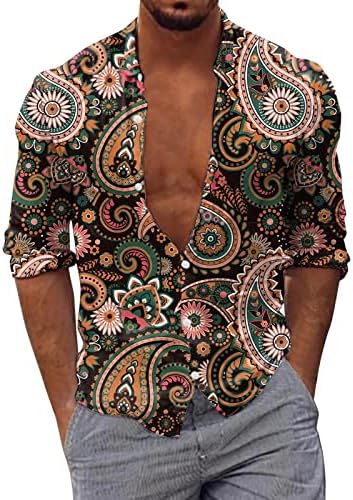 Zddo Mens Hawaiian кошули обични долги ракави Paisley Boho копче за печатење надолу со кошула лапел јака дизајнер плажа алоха врвови
