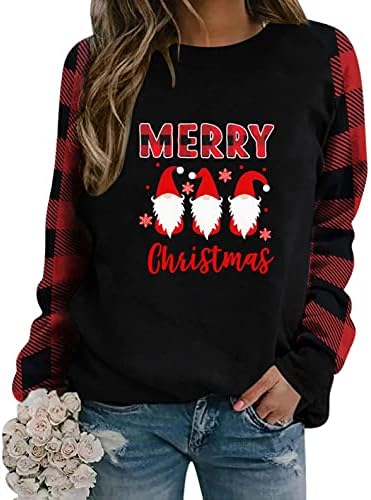 Womenените Среќни Божиќни маички со долг ракав, тркалезен врат, смешно Дедо гном графички печати пуловер врвови блузи туники