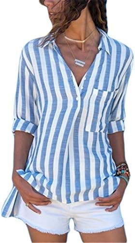 Andongnywell женски обичен V врат лента со долг ракав копче за кардиган врвови шифон кошули лапел кошула со долг ракав