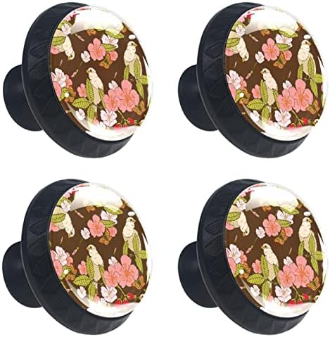 Копчиња за фиоки за фиоки за кабинети Ретро цвеќиња Птица црни кујнски копчиња модерни влечења и копчиња 4 парчиња 1,37 × 1,10in