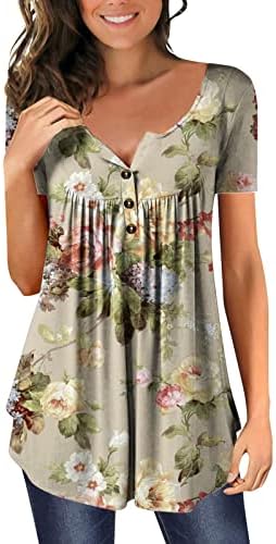 Гроздобер печати за печатење врвови за жени за жени лабава вклопена стомачна кошула, лето -случајно копче за кратки ракави нагоре