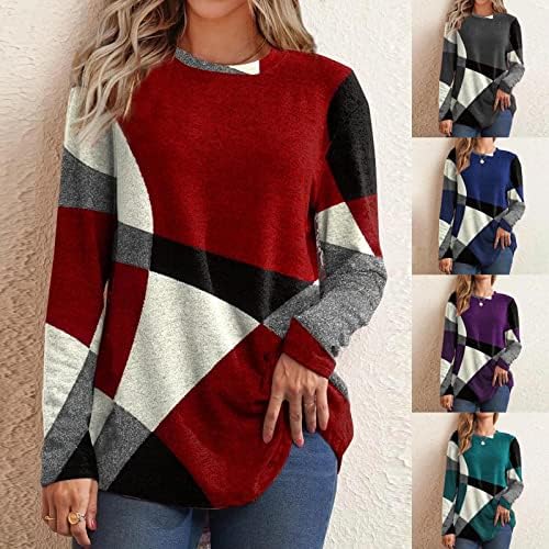 Женски џемпер во боја на блок фланел, есенска облека за жени 2022 модна геометриска графичка кошула долга ракав Туника врвови