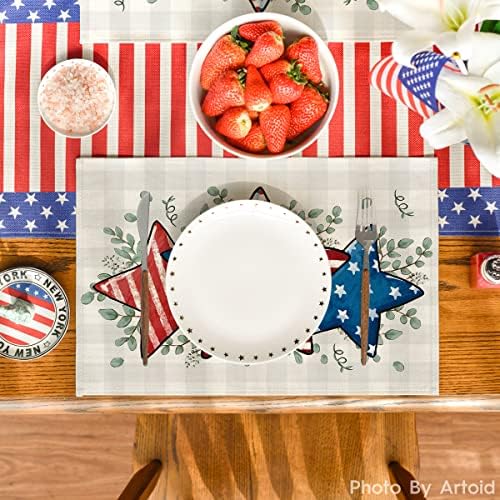 Артриод режим Американски знаме starsвезди Еукалиптус 4 -ти јули тркач на маса, декорација на трпезариска маса за кујнски декор за украси за