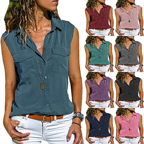 Andongnywell женски солидни бои случајни копчиња за лаппел кардиган кошула џебна кошула летни врвови