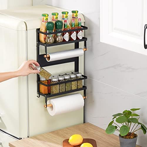 KES Magnetic Spice Rack For Friergerator 2 Tier Tier Magnetic Frighder Organizer со држач за хартиена пешкир wallид, Matt Black,