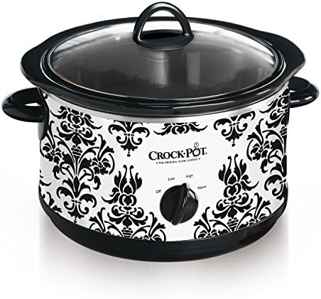 Crock Pot 4,5 квартен прирачник бавен шпорет, шема на дамаск, бело