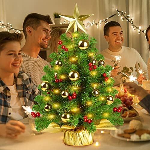 Viretec 20 мини новогодишна елка, вештачка прелитна мала елка, украси за елки на елка со топли жолти LED светла, Treetop Star,
