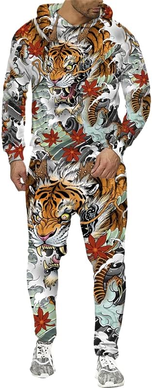 3Д тигар печатени мажи со дуксери панталони за џемпери со џемпери со качулка, патеки за џемпери 2 парчиња