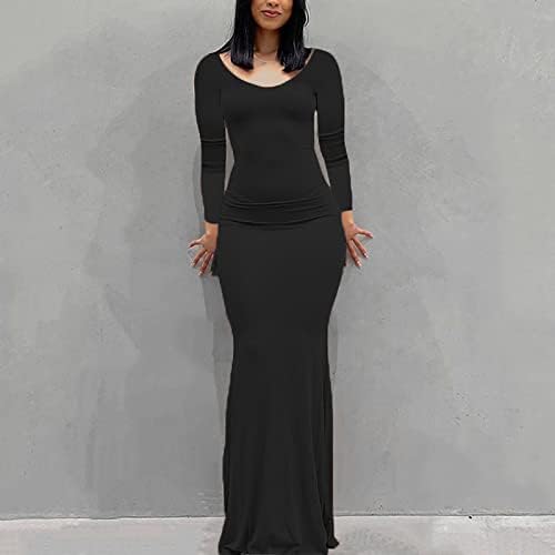 Nokmopo секси плус големина фустани мода со долга ракава секси цврста боја отворена грб тенок фит долг фустан