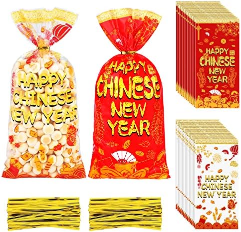 МИМИНД 100 Парчиња 2023 Кинески Новогодишни Кеси За Лекување Целофан Црвено Злато Пластични Кеси За Бонбони Торби Со Вртење Со Врски