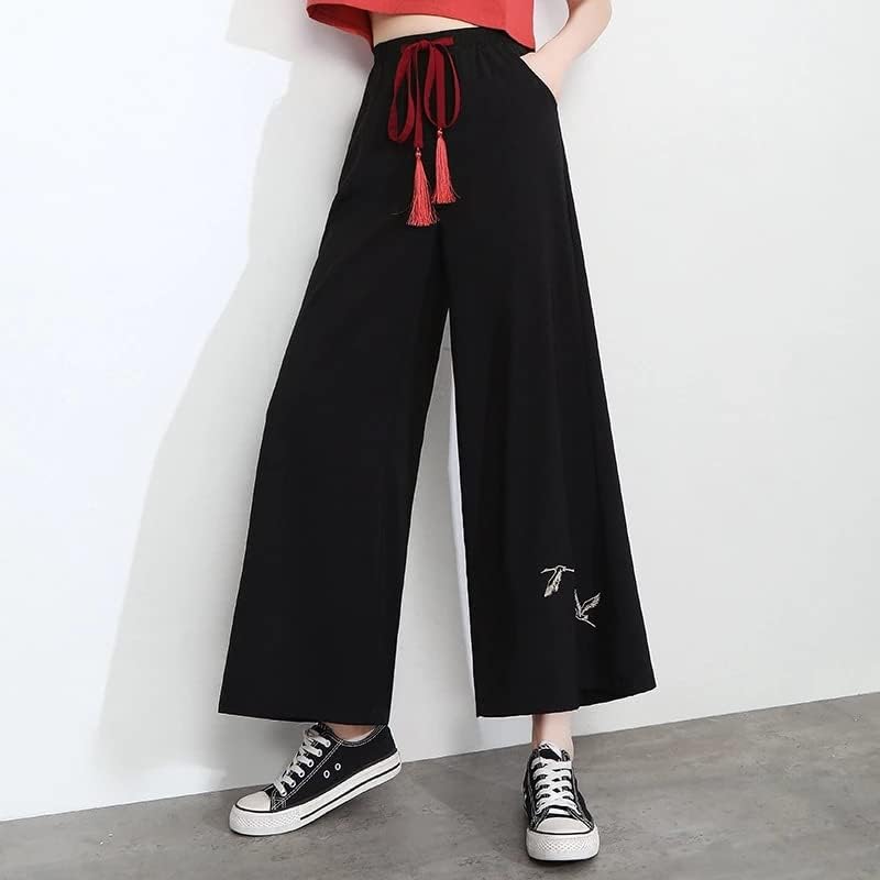 Uktzfbctw Кинески стил Lutmanенски летен шифон хипи етнички лабава црна вез широки панталони за нозе кимонони панталони боја1 xs