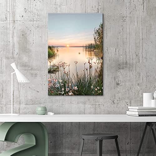 двојни дрвја природа пејзаж платно wallидна уметност: модерна езерска слика печати вертикална зајдисонце сцена слика уметнички дела