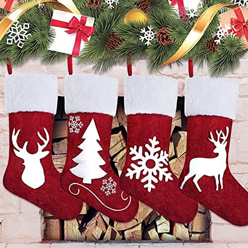 Божиќни чорапи Персонализиран сет од 4, 18инх голем Божиќ црвено -бел снегулка ирваси Антилоп елка карактер за семеен празник