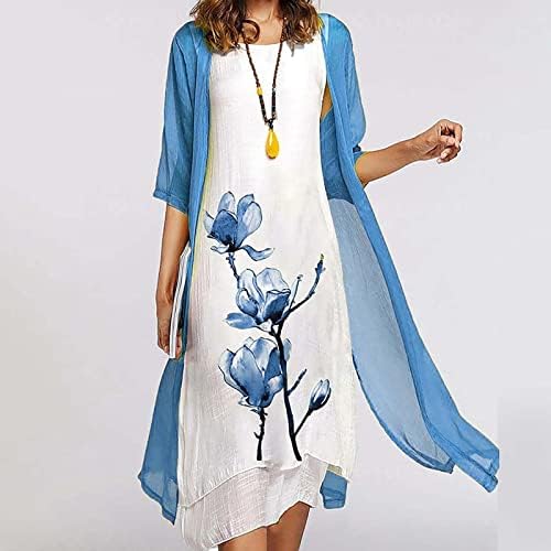 Пролетни фустани за жени, женски обичен моден печатење O/вратот средна долга должина со две парчиња сет фустан