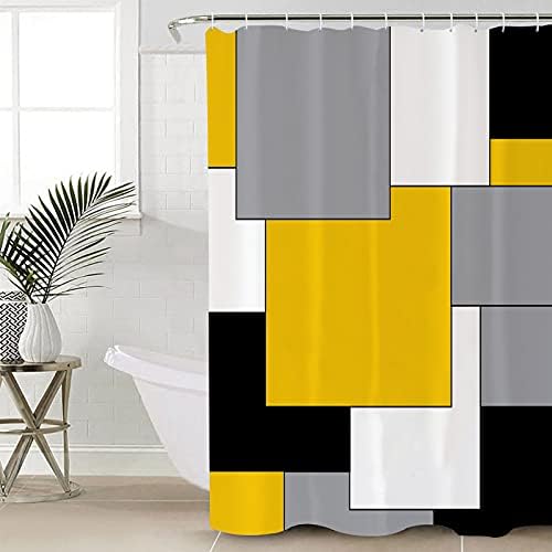 Туш завеса за бања со 12 куки светло жолто сиво бод во боја блок мозаик плочка апстрактна уметност водоотпорна ткаенина за бања