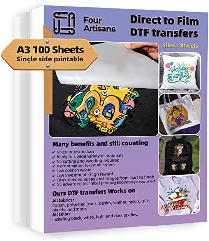 Fourartisans DTF трансфер филм 100 листови A3, мат директно до филмско печатење на маици, дизајн на хартија за пренос на топлина за миленичиња