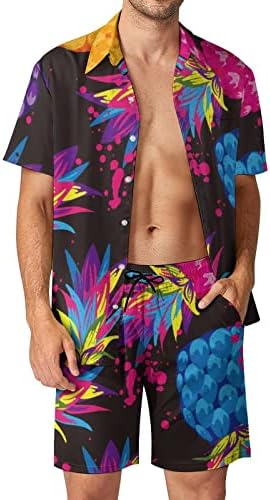Weedkeycat Светло овошје од ананас машка облека за плажа 2 парчиња Хавајско копче надолу со кошула Краток ракав и шорцеви