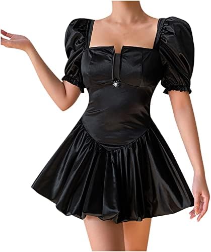 Zemub Секси фустан за жени квадратни јаки од мафта со кратки ракави со цврст плетенка фустан моден краток мини фустан