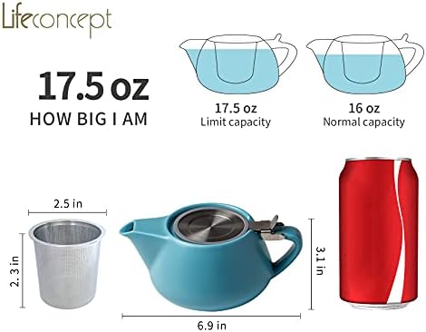 Lifeивотен концепт порцелански чајник-17,5 мл-мат финиш-капаци од не'рѓосувачки челик и екстра-фино инфузер за да се подготви лабав лист и цветен чај