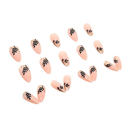 Бадем печат на нокти со средна должина лажни нокти сјајно лепак на ноктите со црни лисја дизајни розови вештачки акрилни лажни нокти за