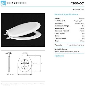Centoco 1600-301 издолжено пластично тоалетно седиште, стандарден модел на економија, бело кран
