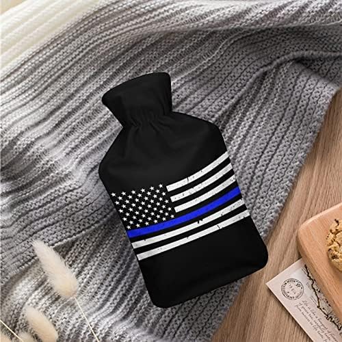 Полициска сина линија Американско знаме со шише со топла вода со топла вода со топло кадифен капак за креветски грчеви во менструална