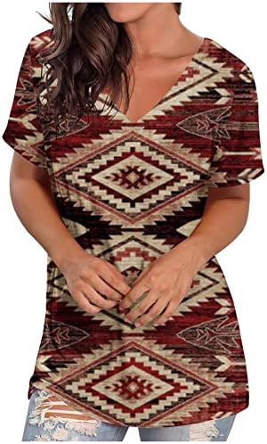 V маици за вратот за жени лабава обична хавајска блуза племенска ацтек печати летни врвови гроздобер етничка геометриска маица