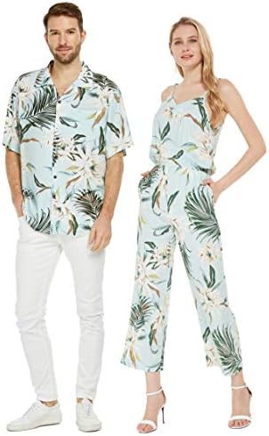 Соодветна двојка Хавајска Луау кошула или џемпери со врат со џебови во Wispy Cereus светло сино