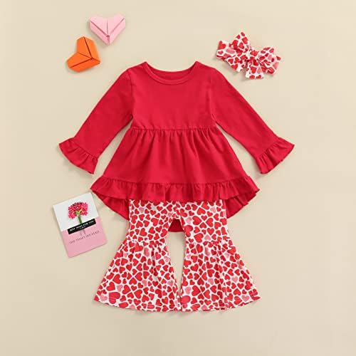 Eadrioss Детско дете Денот на бебето на Валентин, облеки со црвена долга ракав кошула кошула срце, принт bellвонче, дното на главата