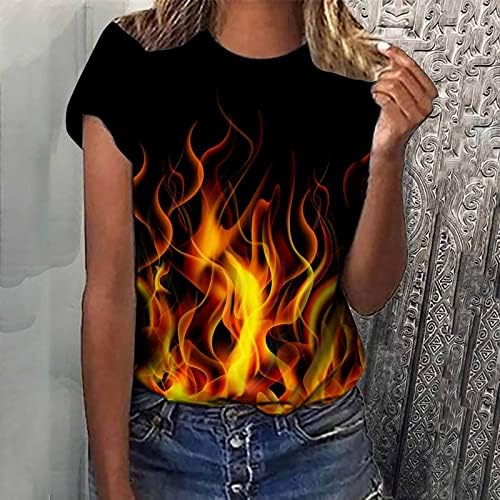 Printенски пламен печатена култура на најобилни трендовски трендовски маица кратки ракави на вратот на вратот за жени модни маички