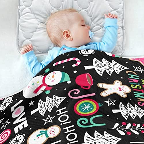 Swaddle Charte Cartoon Charicter и Божиќни елементи Црно памучно ќебе за новороденчиња, примање ќебе, лесен мек за тресење за креветчето, шетач,