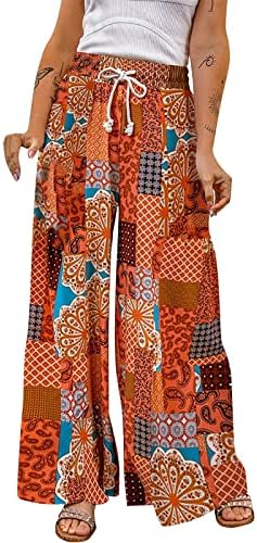 Fireero летни панталони за жени 2023 Ретро боемска широка нога цветни печатени панталони Еластично влечење на половината Гроздобер панталони